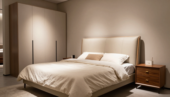 Tres sillones tapizados en color beige dispuestos alrededor de una mesa de centro de madera en una moderna.