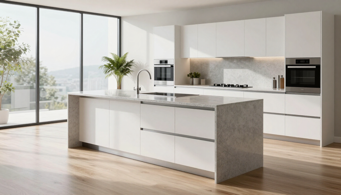 Una cocina moderna y minimalista con armarios blancos de paneles lisos, una gran isla de piedra gris y suelo de madera clara.
