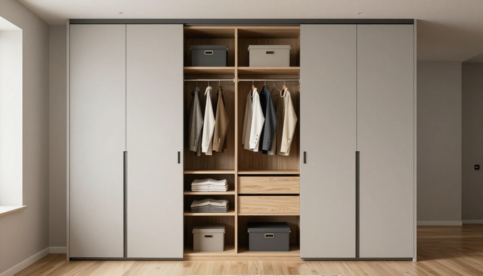 Un amplio armario que va desde el suelo hasta el techo, con puertas correderas de color gris claro que flanquean.