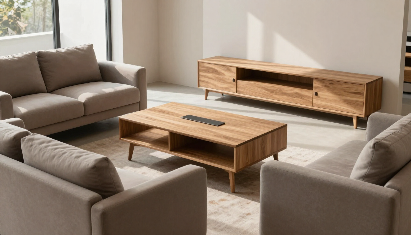 Un salón luminoso con dos sofás beige, una mesa de centro de madera y un mueble para equipos multimedia a juego.