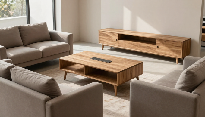 Un salón luminoso con dos sofás beige, una mesa de centro de madera y un mueble para equipos multimedia a juego.