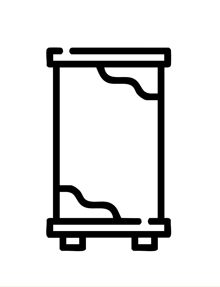 Rechteckiger Schrank mit wellenförmigen Dekorelementen auf einem Gestell.