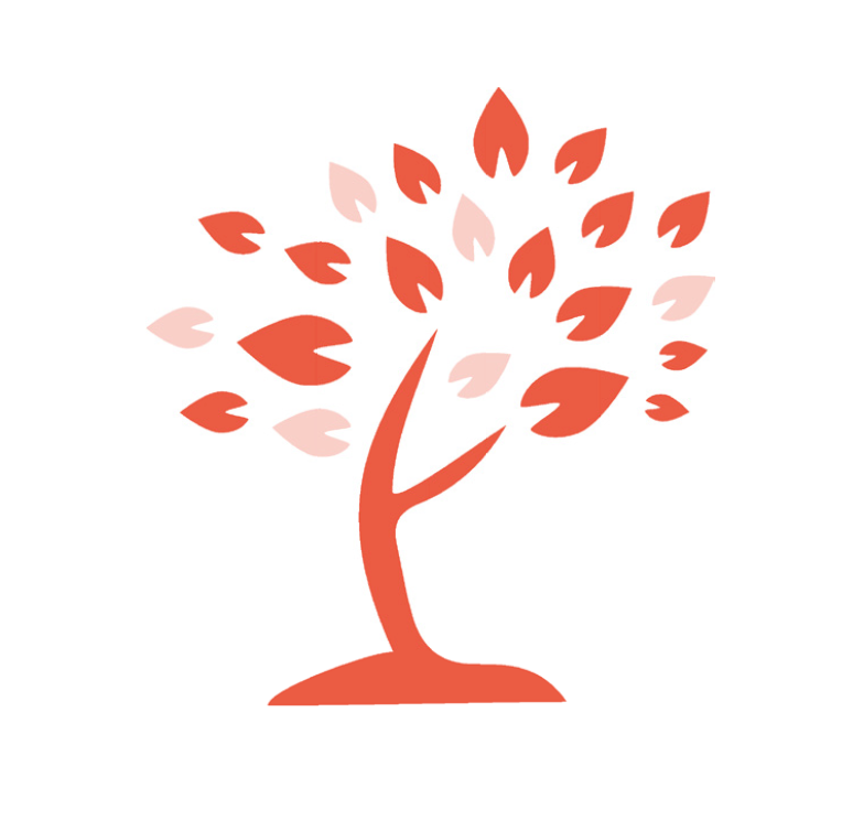 Stilisierter Baum mit orangefarbenem Stamm, Blättern und einigen hellrosa Blättern.