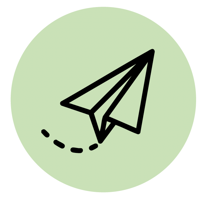 Schwarzes Papierflugzeug mit gepunkteter Flugbahn auf hellgrünem Kreis.