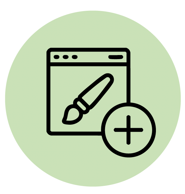 Webseite mit Pinsel, umgeben von einem hellgrünen Kreis mit einem Pluszeichen, das Design oder Schöpfung symbolisiert.