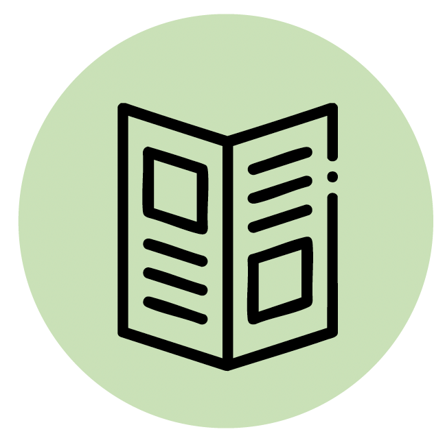 Broschürensymbol, schwarze Umrandung auf hellgrünem Kreis.