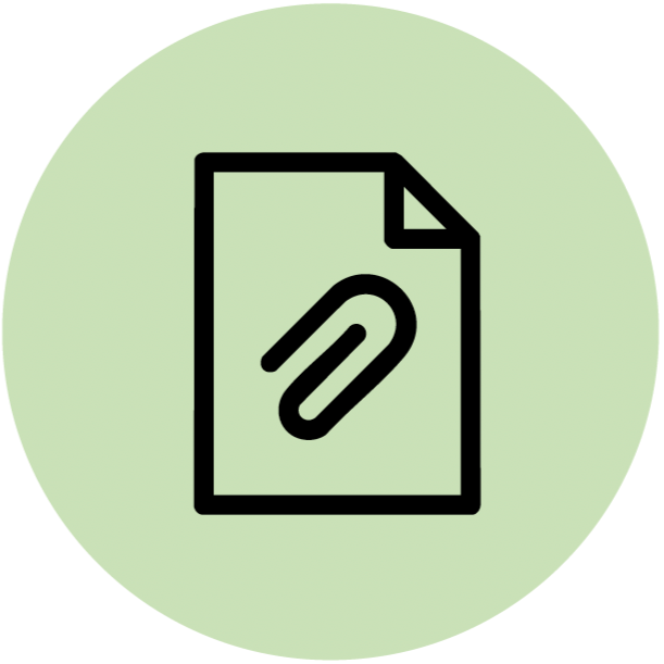 Dokumentensymbol mit Büroklammer auf hellgrünem Kreishintergrund.