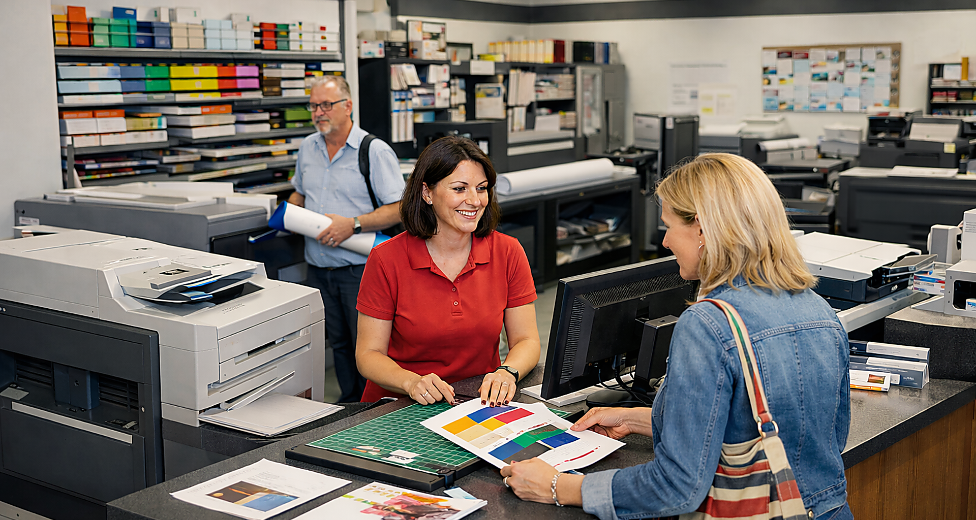Frau am Schalter einer Druckerei mit Angestelltem, im Hintergrund ein anderer Kunde mit Bauplänen.