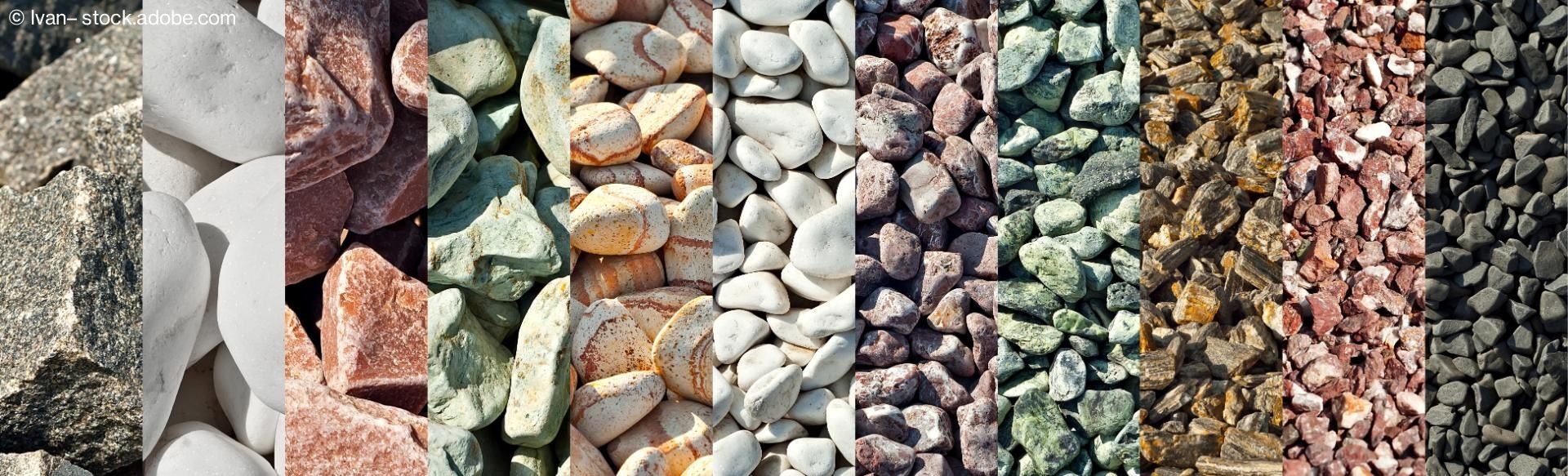 Verschiedene Sorten an Zier- und Natursteinen in Nahaufnahme