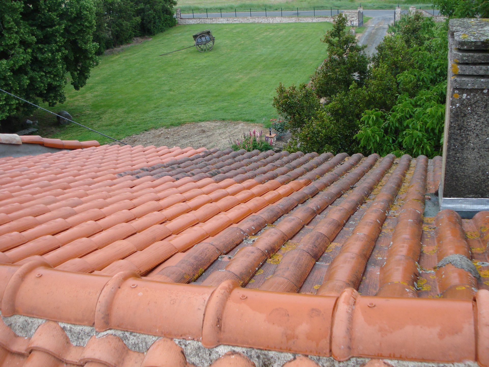 Démoussage de tuile en cours, vue sur un jardin