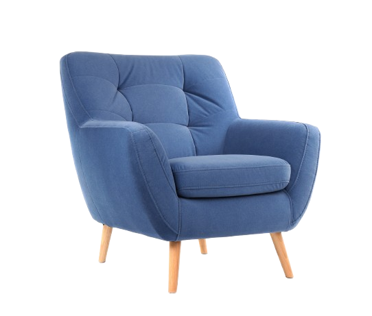 Un fauteuil bleu capitonné avec un dossier capitonné et des pieds fuselés en bois clair, isolé sur un fond blanc.