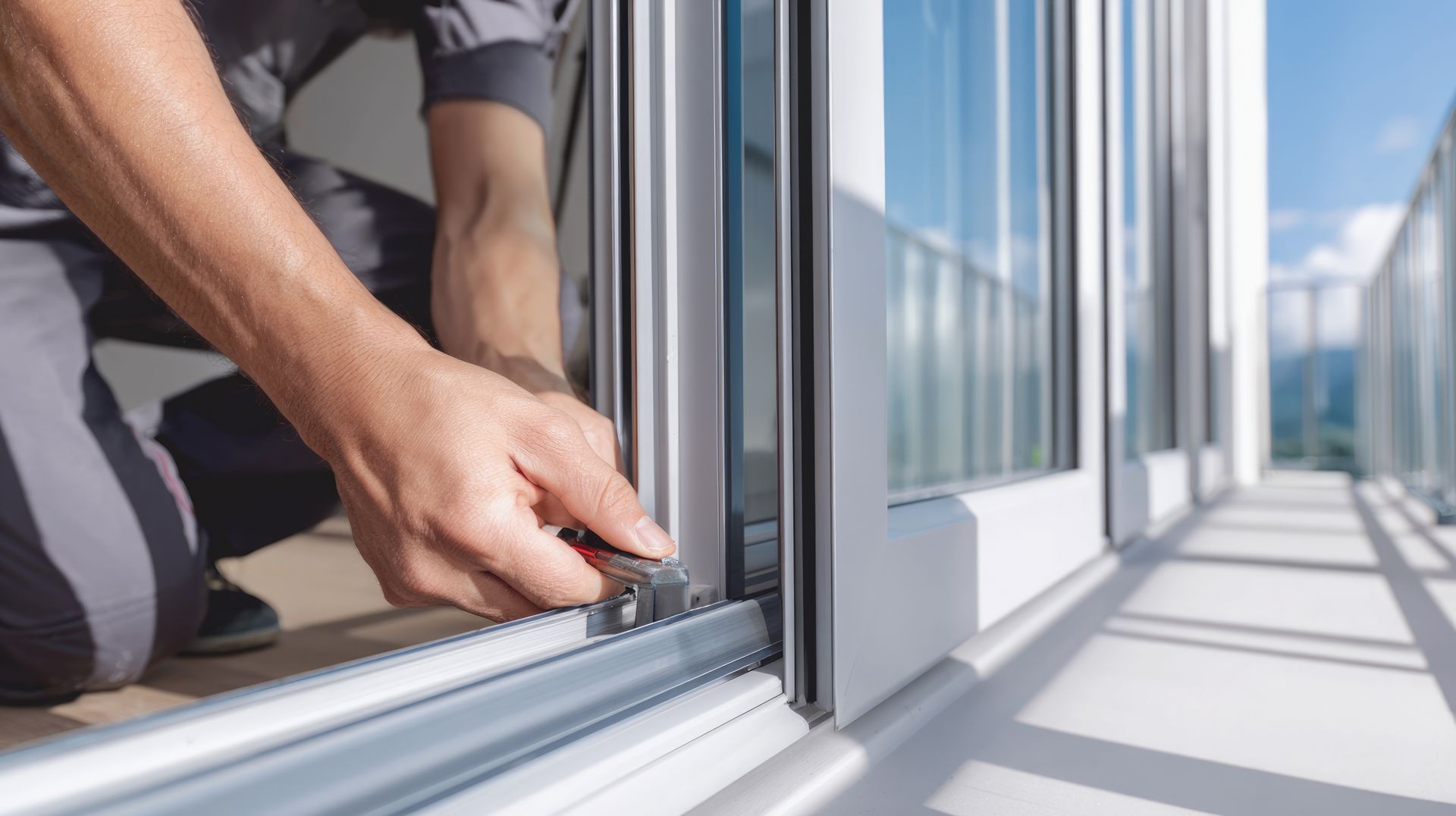Eine Person in Arbeitskleidung kniet, um den Mechanismus an einer Glasschiebetürschiene zu reparieren.