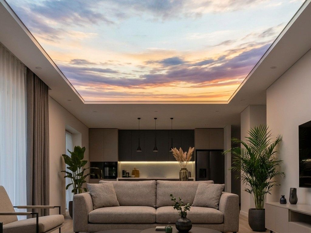 Salon moderne avec canapé, plantes et faux plafond éclairé imprimé représentant un coucher de soleil.