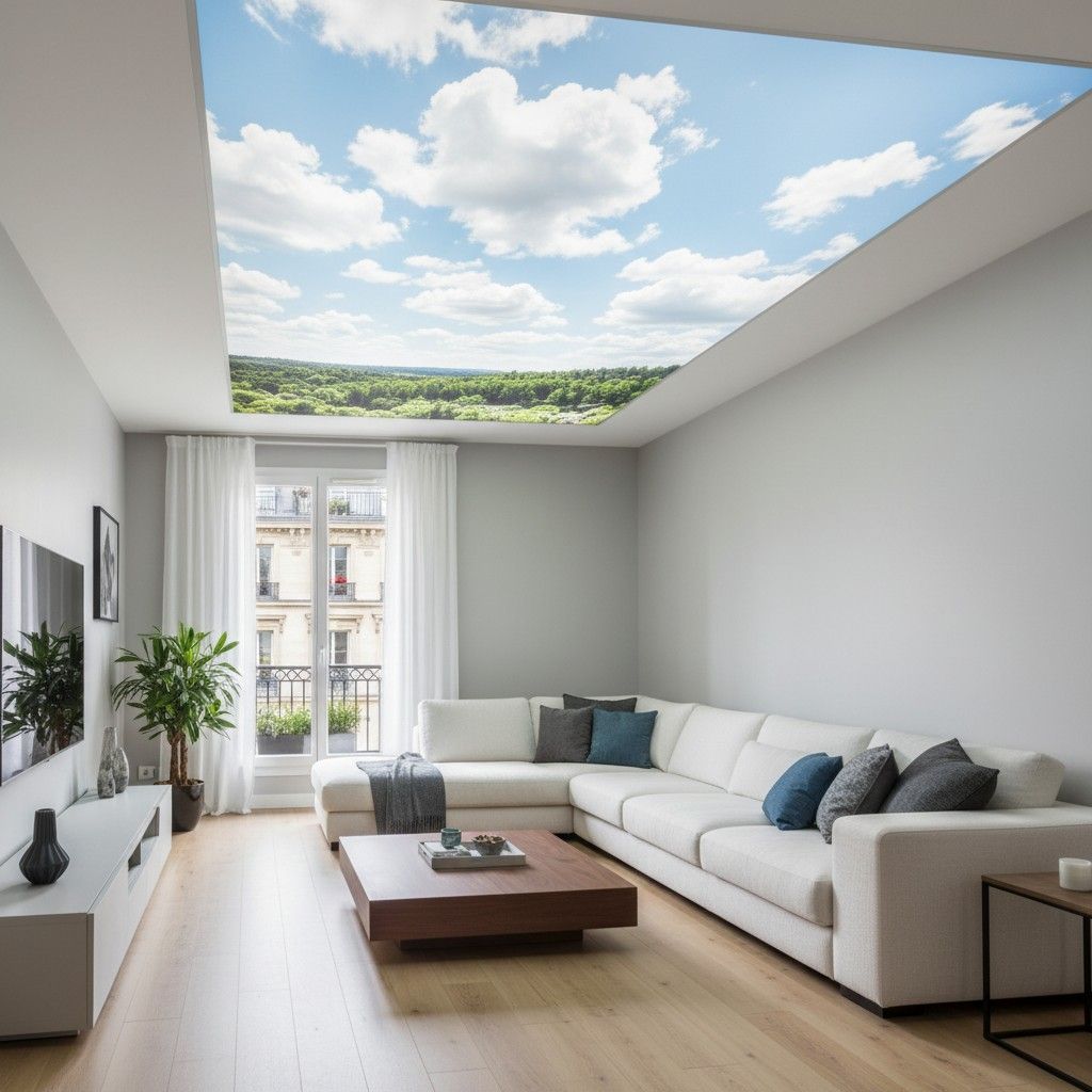 Salon moderne et lumineux avec canapé d'angle blanc et plafond imprimé lumineux représentant un ciel bleu et les nuages.
