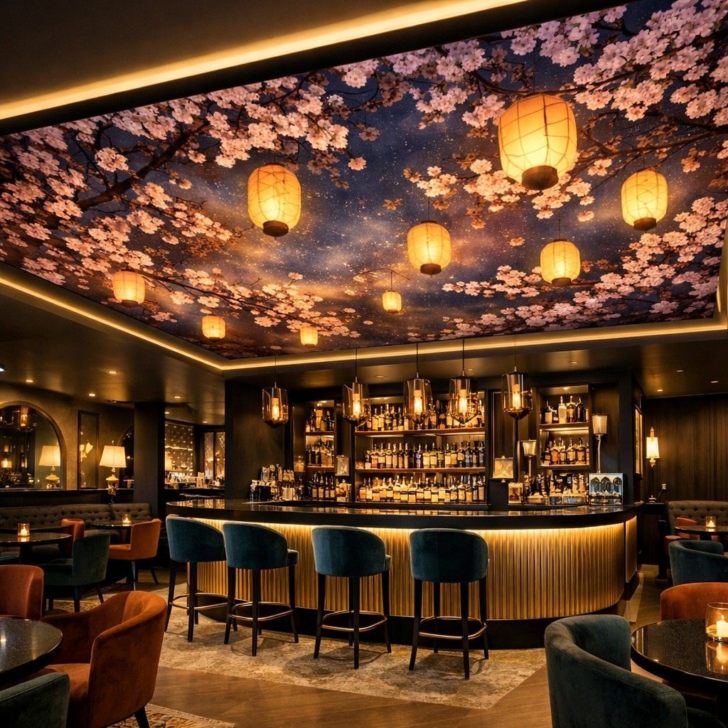 Bar lounge élégant avec un plafond tendu imprimé de fleurs de cerisier, des lanternes dorées et un comptoir incurvé illuminé.