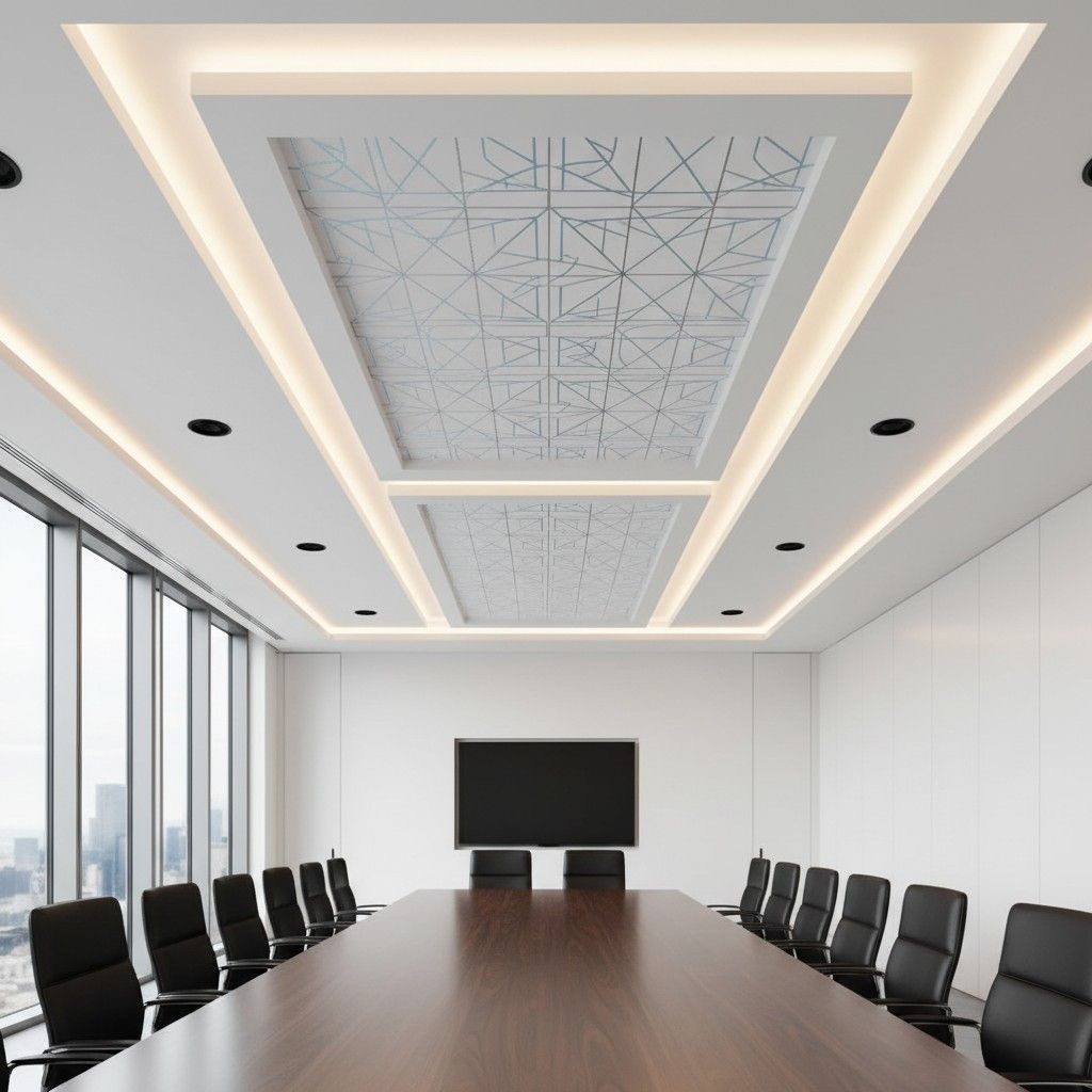 Salle de conférences moderne avec une longue table, des chaises noires, de grandes fenêtres et un éclairage encastré sur un plafond tendu.