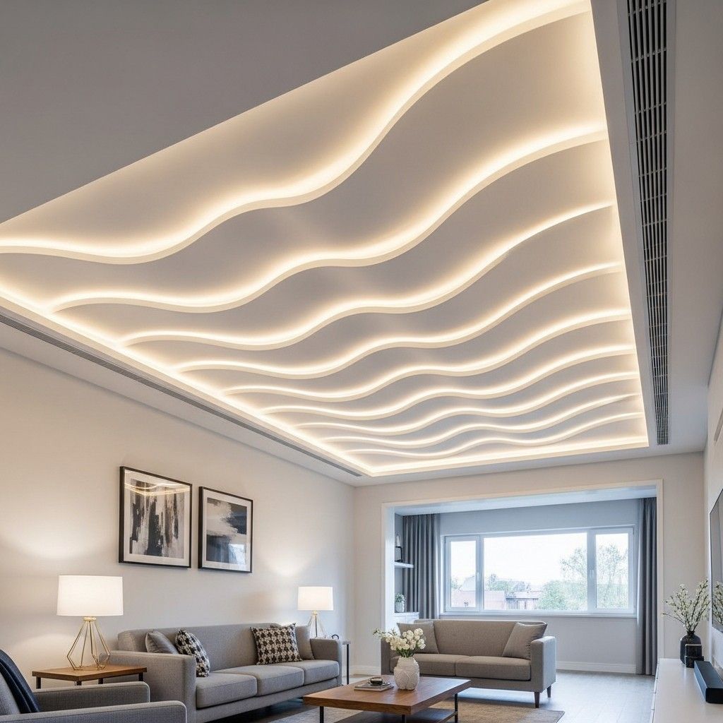 Salon moderne avec spots encastrés ondulés au plafond, sièges gris, lampes et une grande fenêtre.