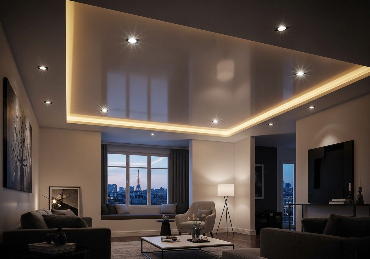 Salon moderne avec spots encastrés au plafond, canapés foncés et vue sur la tour Eiffel par la fenêtre.