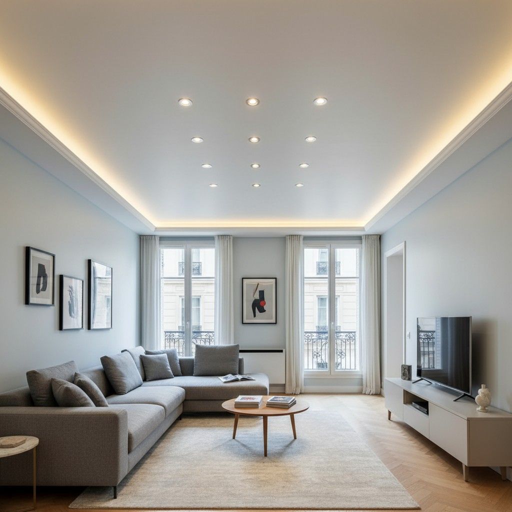 Salon moderne avec canapé d'angle gris, télévision murale, grandes fenêtres et spots encastrés dans un plafond tendu.