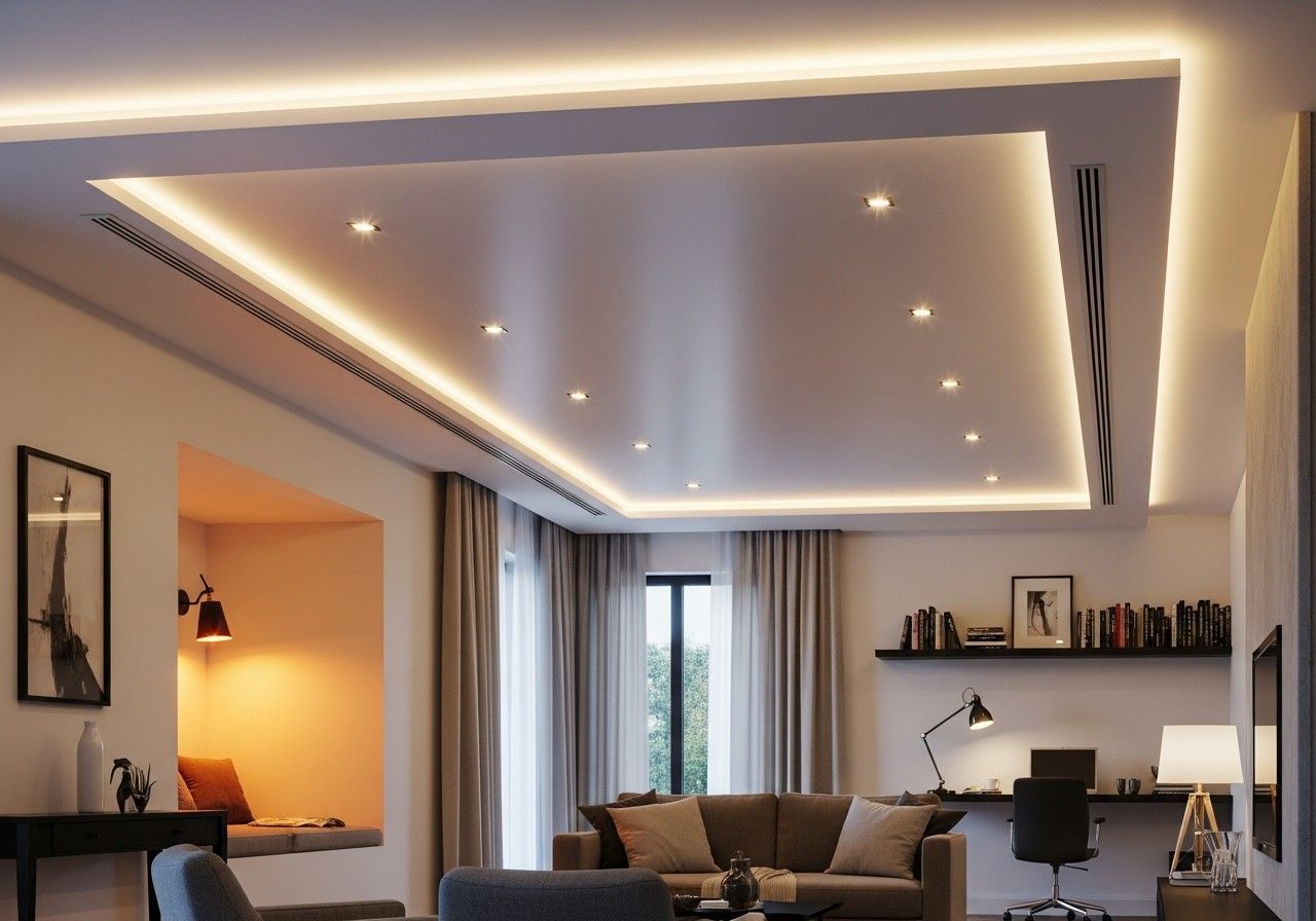 Salon moderne avec spots encastrés au plafond, canapé gris, bureau et éclairage d'ambiance chaleureux.