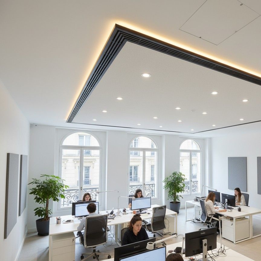 Des saalriés installés à leurs bureaux sous un grand plafond tendu avec des spots LED.