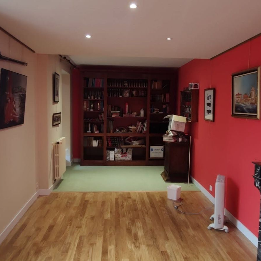 Salon avec mur rouge, parquet, étagères et un plafond tendu avec des spots LED.