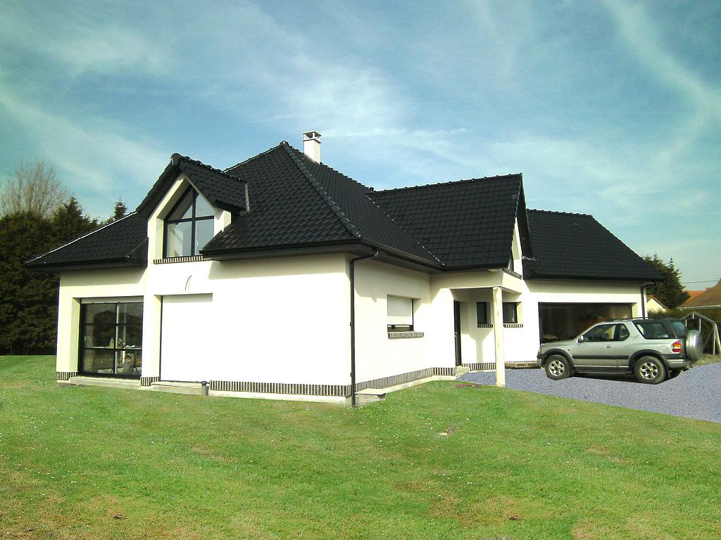 Maison individuelle angulée noire et blanche avec un grand espace vert