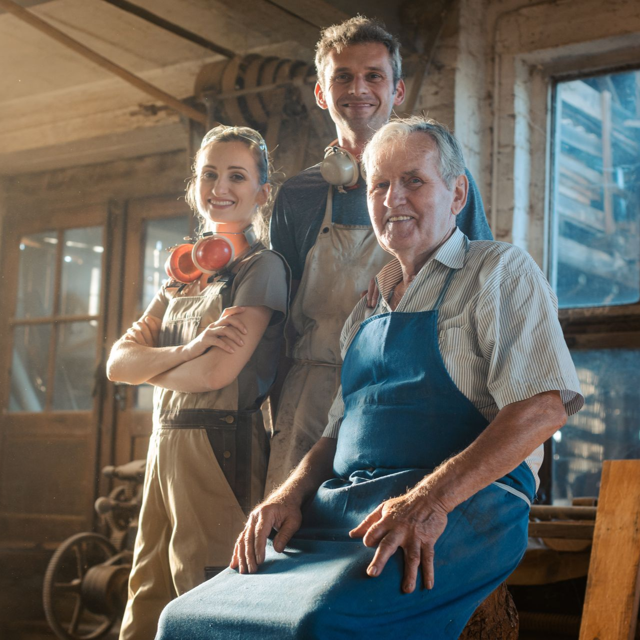 Trois générations de menuisiers dans un atelier