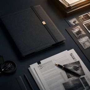 Dunkler Arbeitsplatz mit einem geschlossenen schwarzen Notizbuch, einem Stift, bedruckten Seiten und Fotokontaktbögen auf einem Schreibtisch