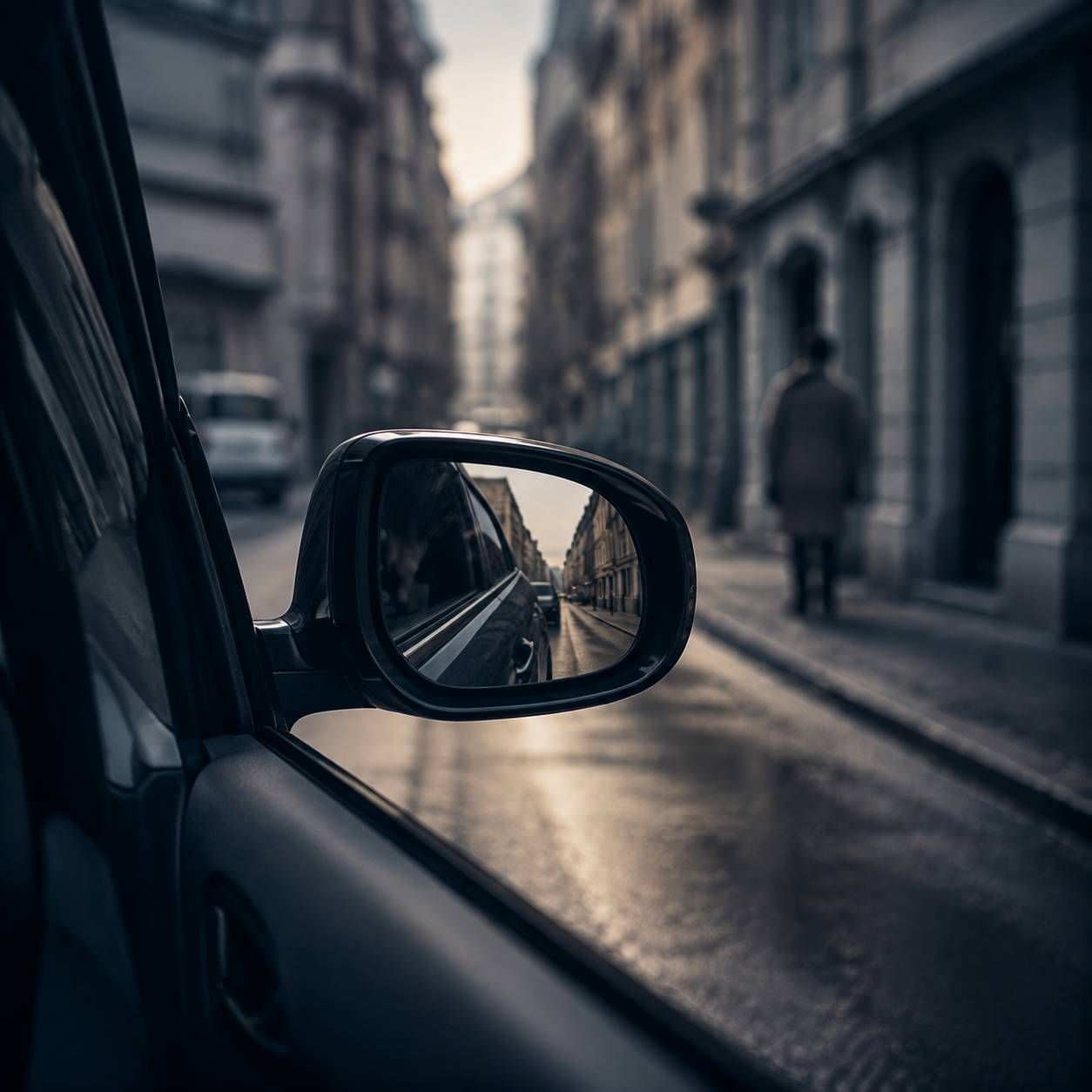 Der Seitenspiegel eines Autos spiegelt eine schmale, nasse Stadtstrasse mit Gebäuden und einem verschwommenen Fussgänger wider.