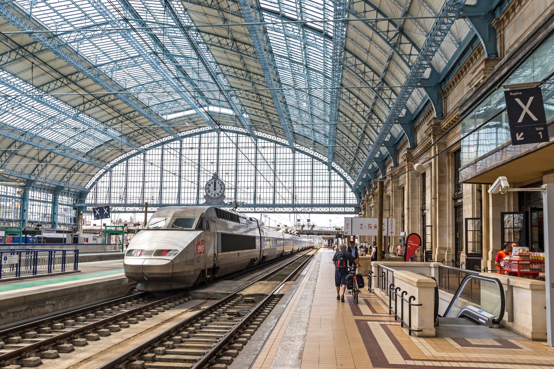 Un train à grande vitesse moderne est stationné sur un quai à l'intérieur d'une grande gare en fer et en verre, de forme voûtée.