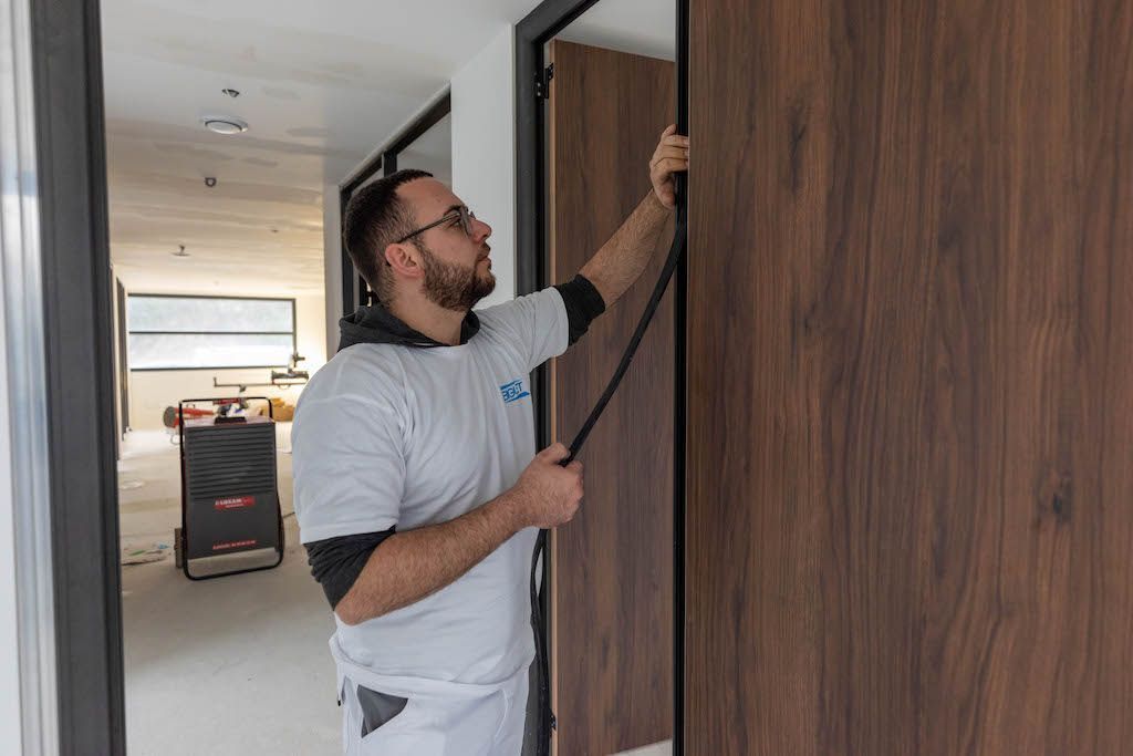 Pose d'une porte en bois par M. Biguet