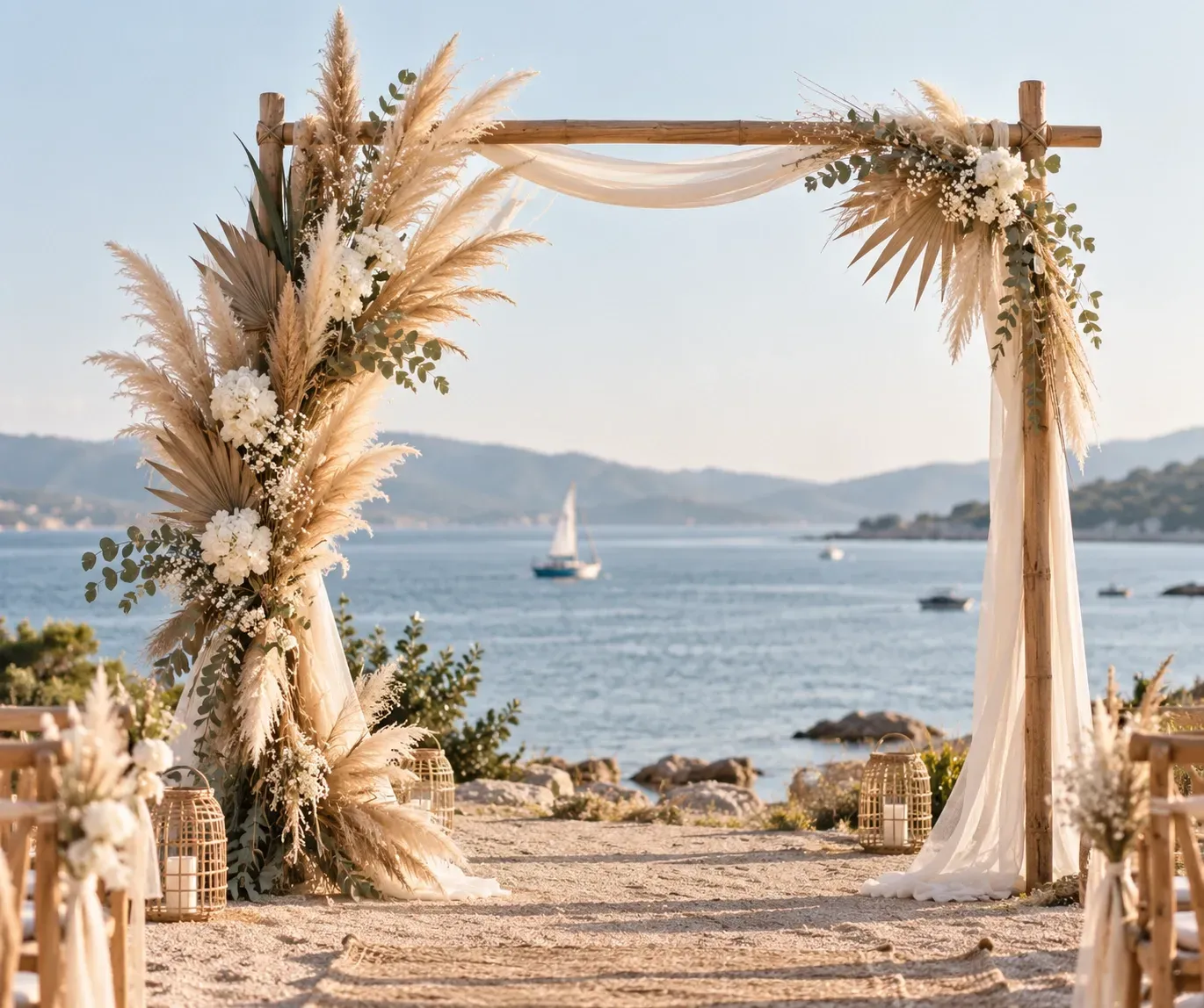 Arco nupcial en la playa con flores secas y tela drapeada con vistas a una bahía tranquila y un velero.
