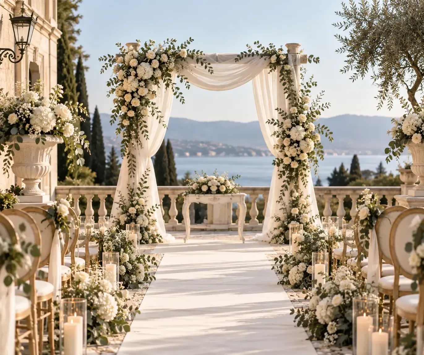 Pasillo nupcial floral con arco blanco con vistas a un lago y montañas.