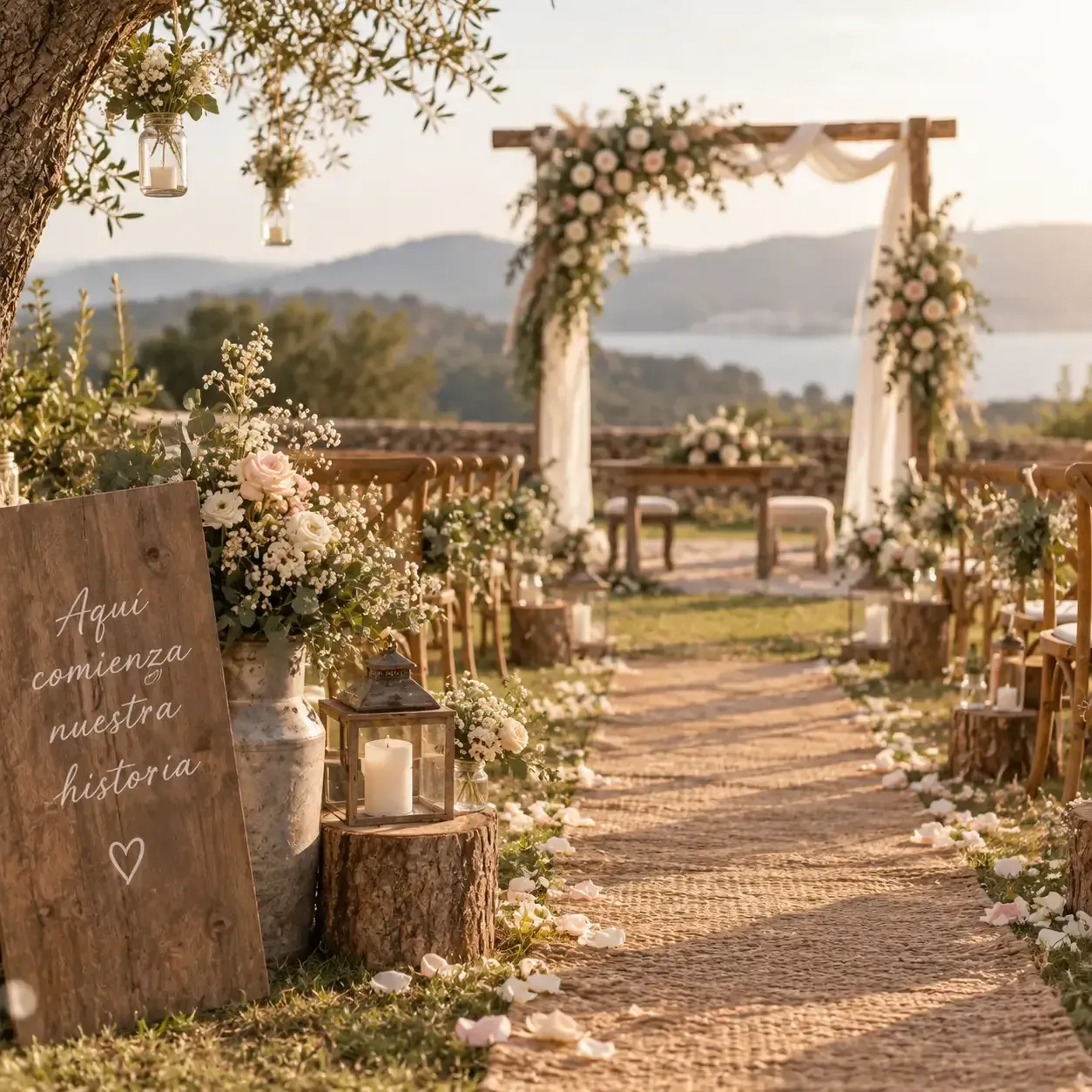 Pasillo nupcial floral con arco de madera con vistas a un lago y montañas al atardecer.