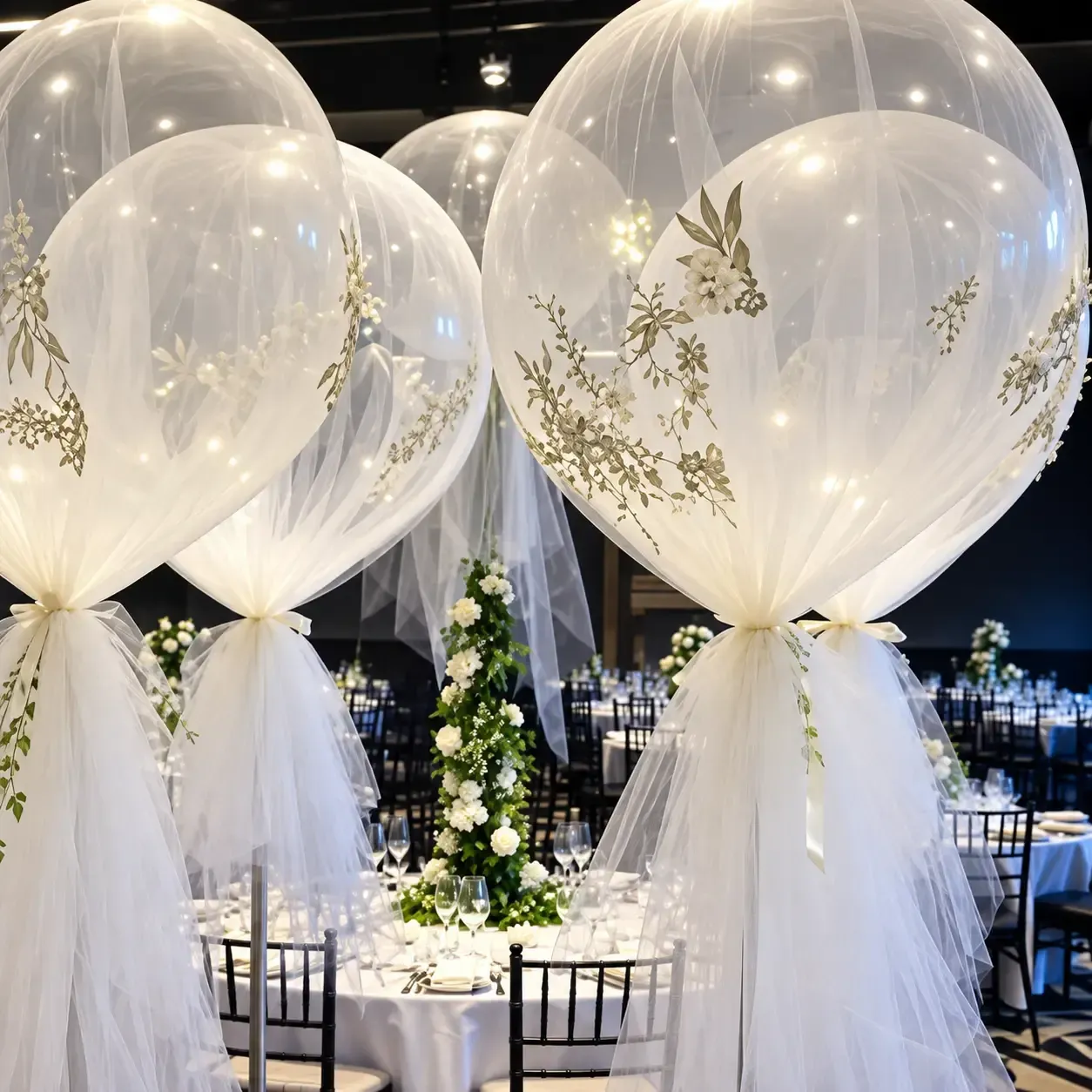 Globos blancos y telas drapeadas decoran la mesa de recepción de una boda en un elegante salón interior.