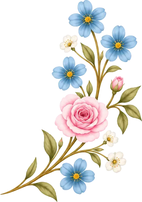 Flores de acuarela azules y rosas con tallos verdes sobre un fondo blanco.