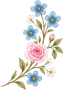 Flores de acuarela azules y rosas con tallos verdes sobre un fondo blanco.