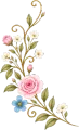 Borde floral de esquina con flores rosas, azules y blancas sobre enredaderas doradas rizadas.