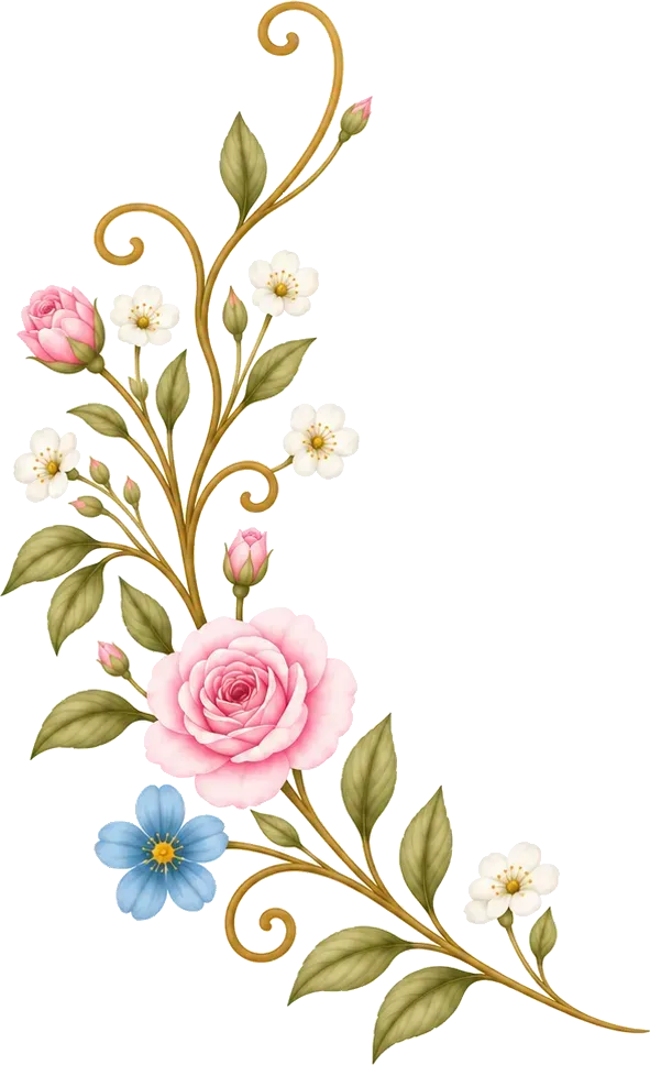 Borde floral de esquina con flores rosas, azules y blancas sobre enredaderas doradas rizadas.