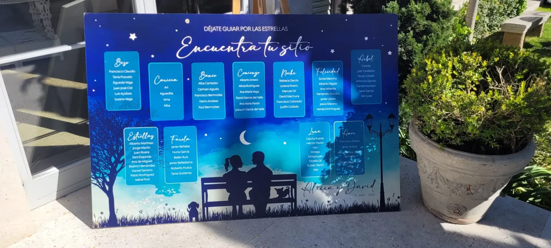 Placa conmemorativa azul con texto blanco y siluetas de figuras sentadas al aire libre cerca de macetas.