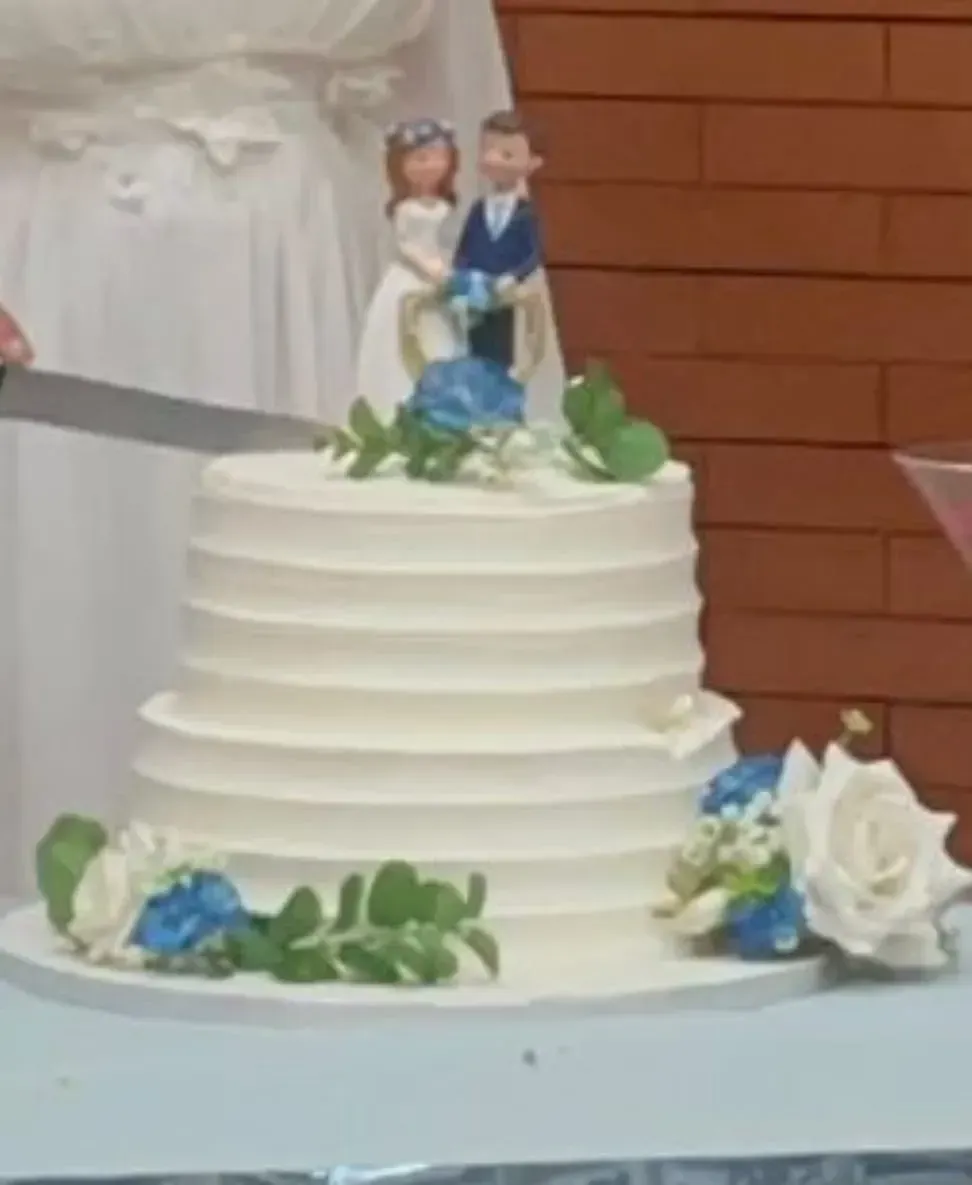Pastel de bodas blanco de varios pisos con flores azules y blanca