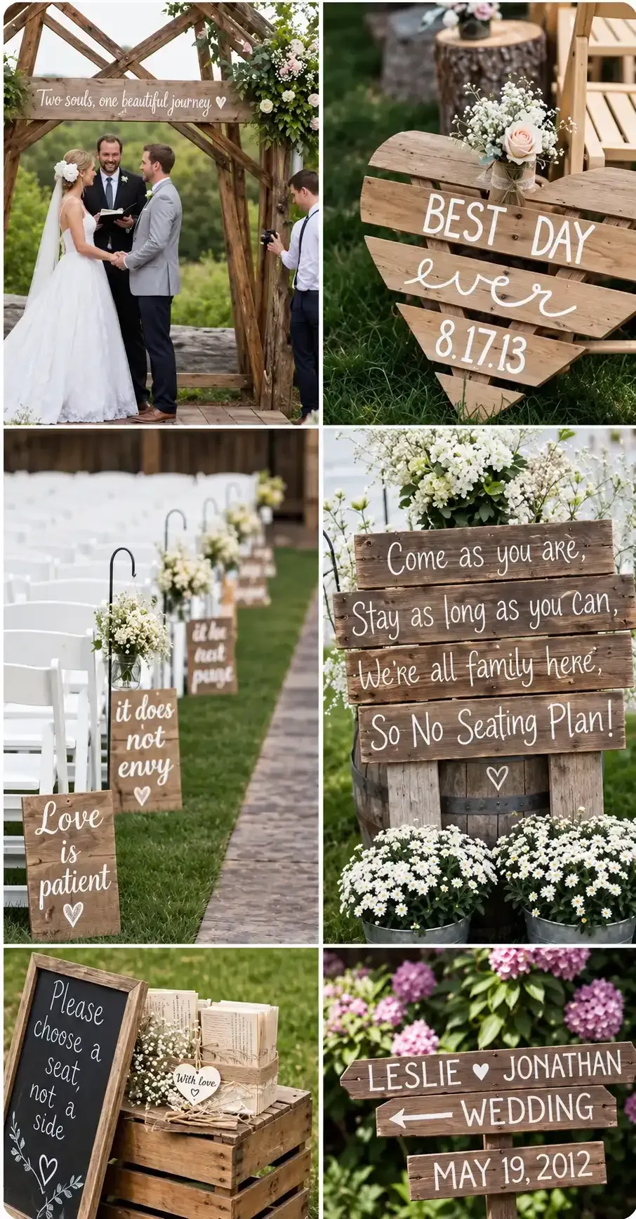 Collage de decoración nupcial con novios, letreros de madera, flores blancas y detalles rústicos de jardín.