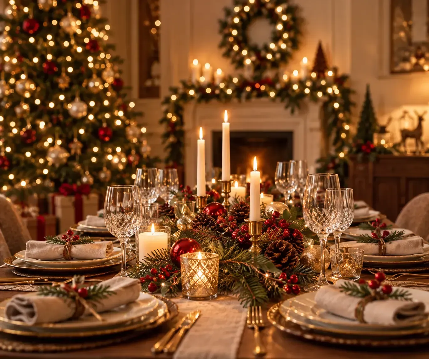 Mesa de comedor festiva con velas, vegetación y adornos navideños en una habitación cálidamente iluminada.