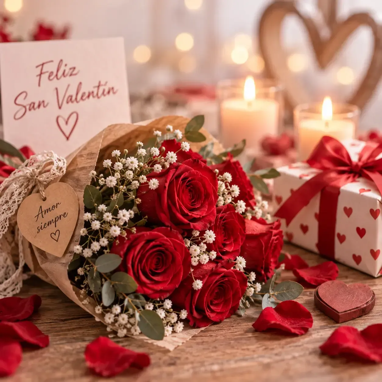 Ramo de rosas rojas para el Día de San Valentín con velas