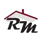 Logotipo para RM, una empresa con diseño de techo de casa, en color burdeos y gris.