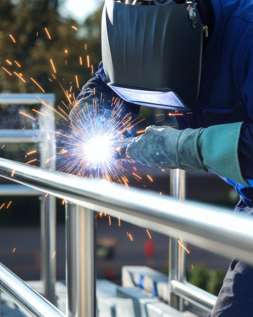 Un soudeur portant un casque de protection soude une rambarde métallique.