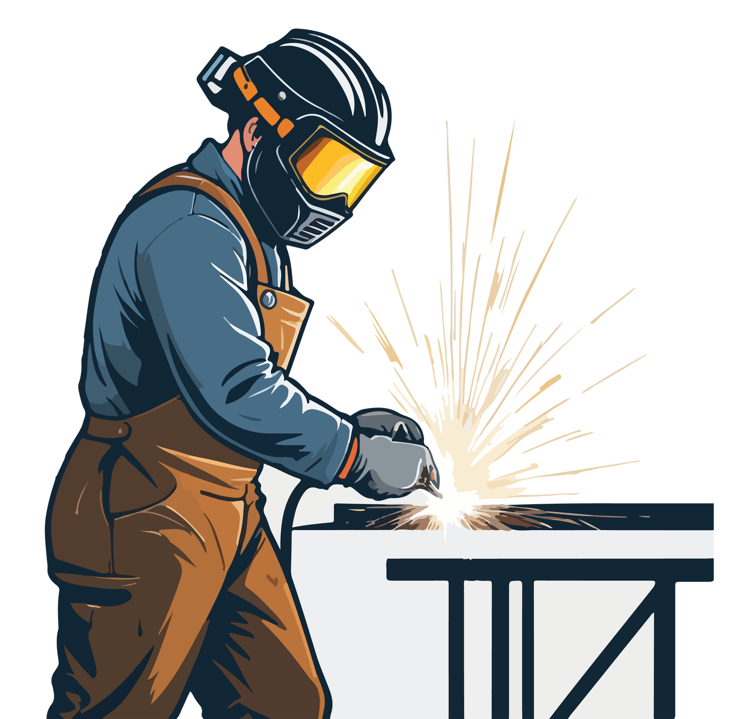 Un soudeur portant un équipement de sécurité soude du métal ; des étincelles jaillissent.
