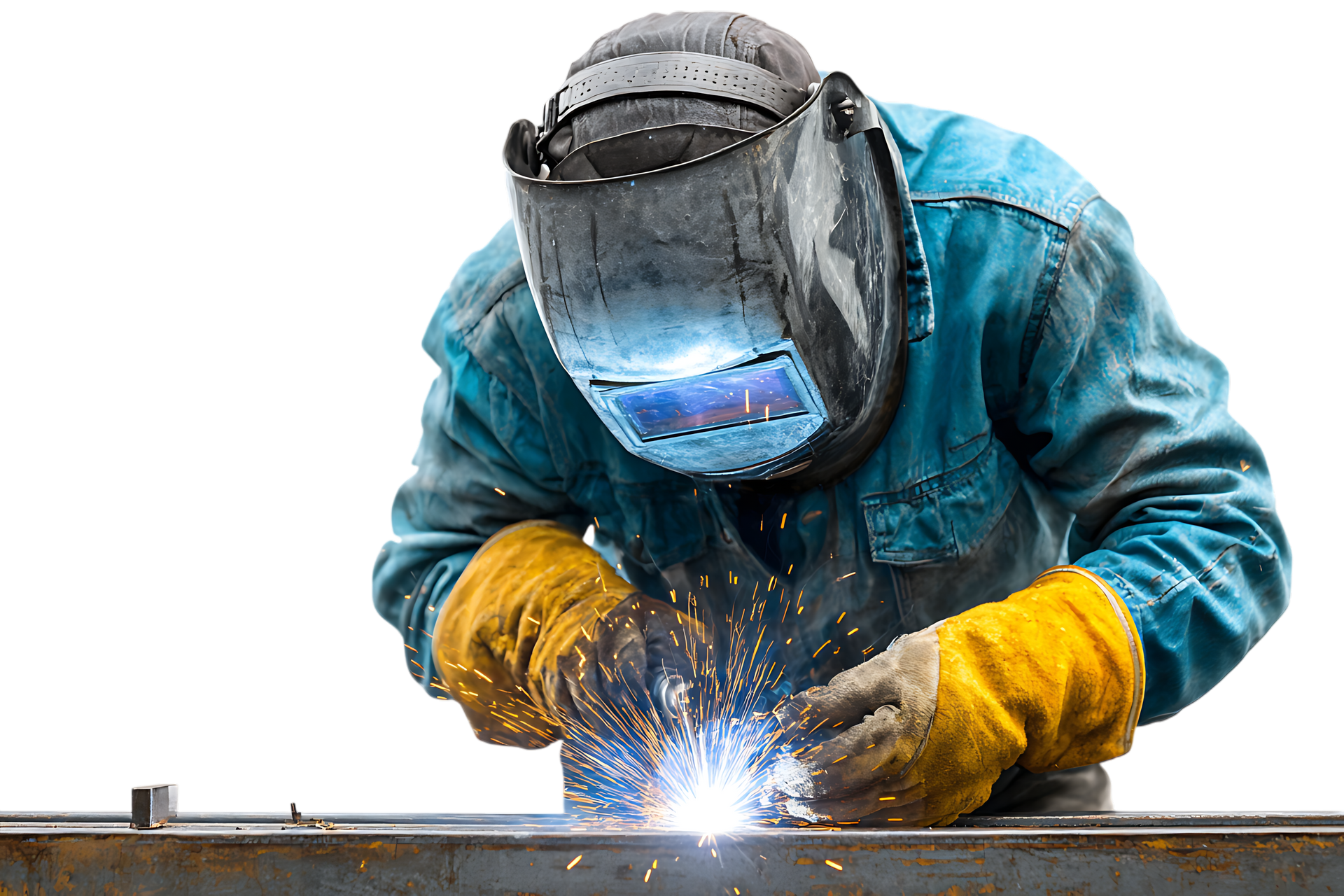 Soudeur en tenue de protection travaillant sur du métal, des étincelles jaillissent.
