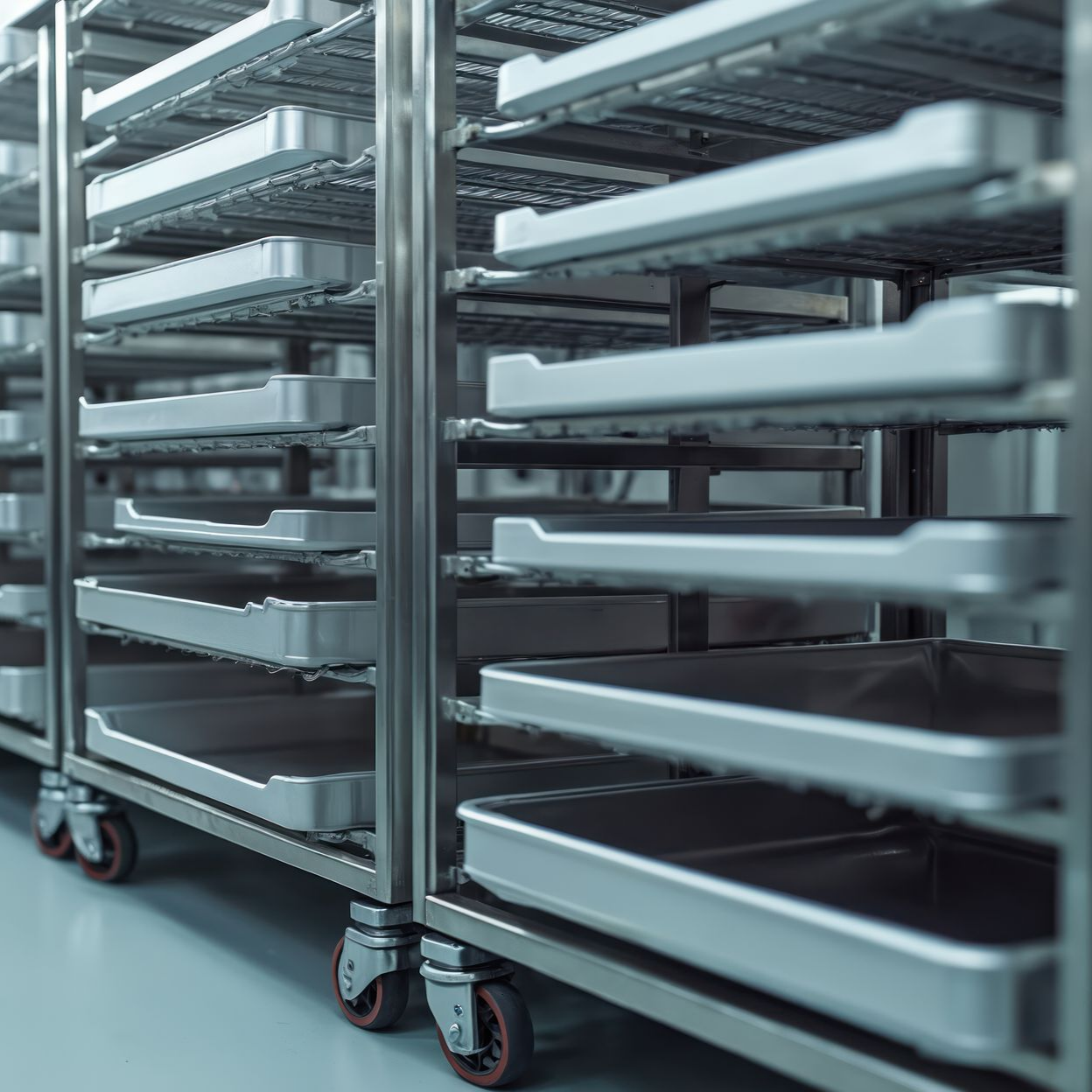 Étagères en acier inoxydable avec plateaux sur roulettes.